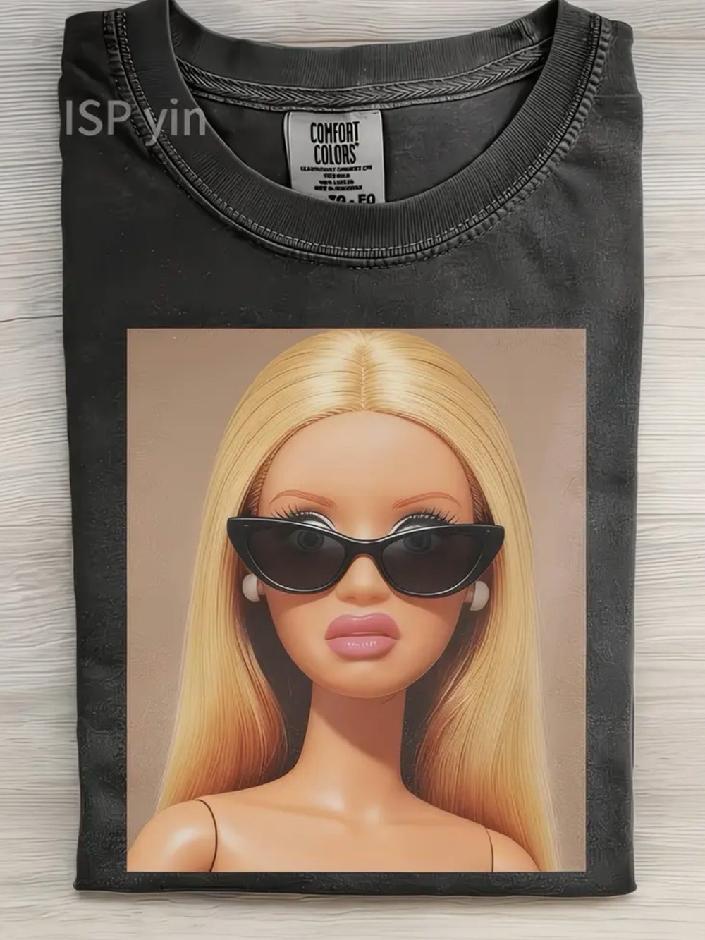 Black Graphic Tee with Blonde Doll Portrait
